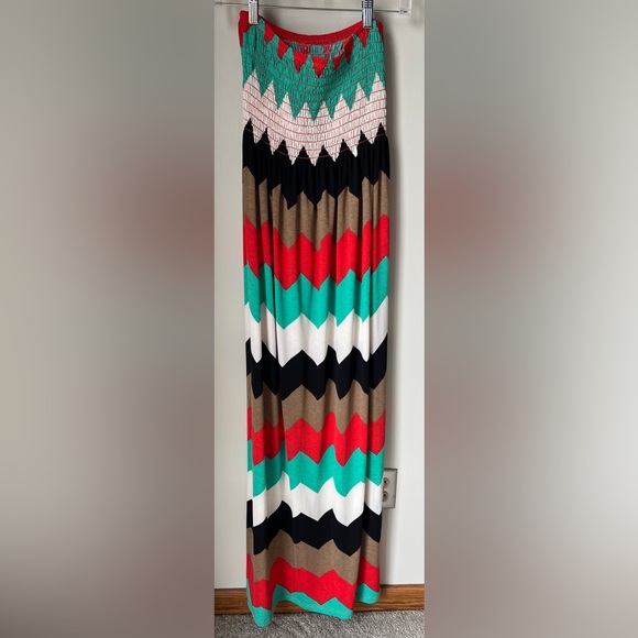 Voll Chevron Strapless Maxi Dress | Red Turquoise Black Brown White | Worn Once - Picture 2 of 6